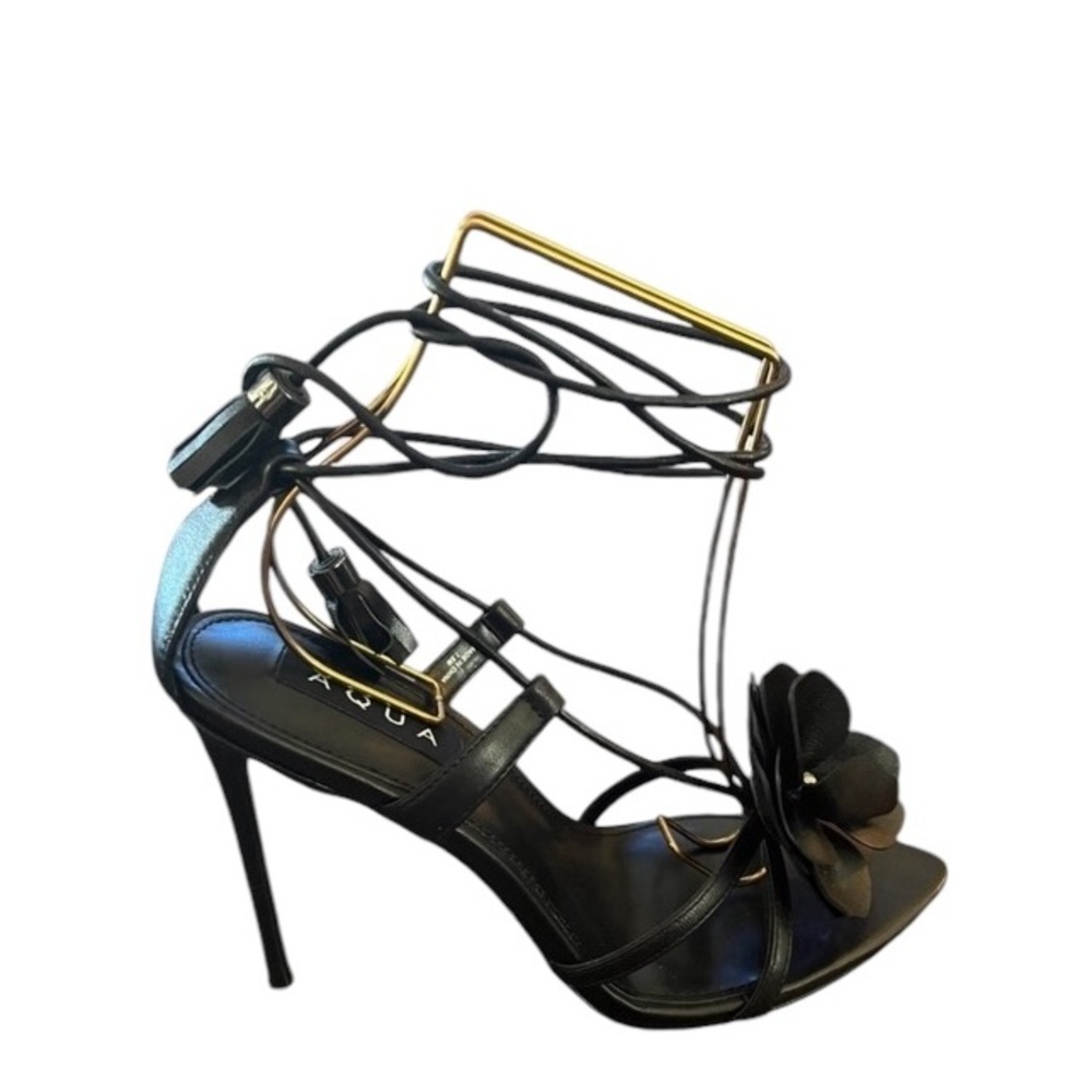 Aqua Flower Black Leather Ankle Tie High Stiletto Heel Sandals Open Toe NEW 7.5 - Picture 4 of 7